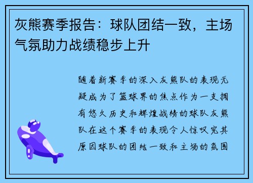 灰熊赛季报告：球队团结一致，主场气氛助力战绩稳步上升