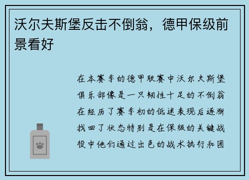 沃尔夫斯堡反击不倒翁，德甲保级前景看好