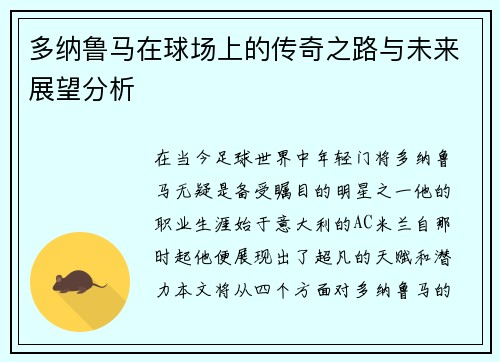 多纳鲁马在球场上的传奇之路与未来展望分析