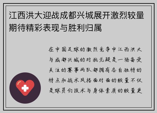 江西洪大迎战成都兴城展开激烈较量期待精彩表现与胜利归属