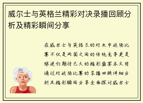 威尔士与英格兰精彩对决录播回顾分析及精彩瞬间分享