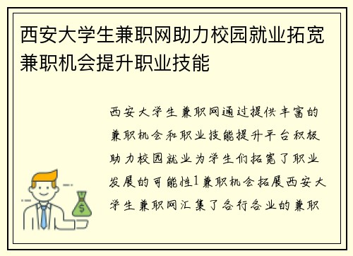 西安大学生兼职网助力校园就业拓宽兼职机会提升职业技能