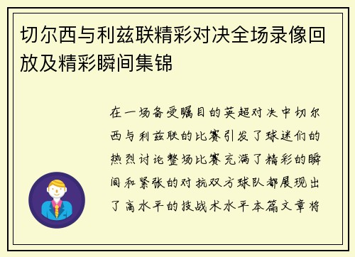 切尔西与利兹联精彩对决全场录像回放及精彩瞬间集锦