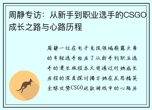 周静专访：从新手到职业选手的CSGO成长之路与心路历程